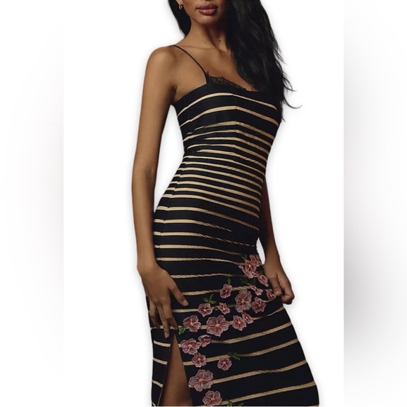 Maeve Anthropologie Sleeveless Slim Midi Dress Size 6 NWT Black Stripe Floral - Picture 2 of 9